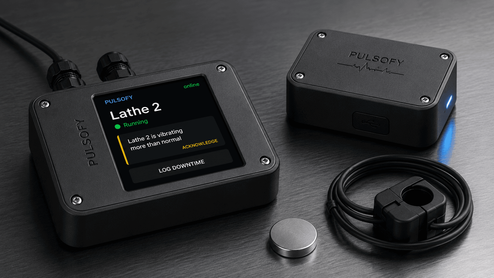 Pulse Pro monitor, Pulse sensor, magnet mount and current clamp on brushed steel